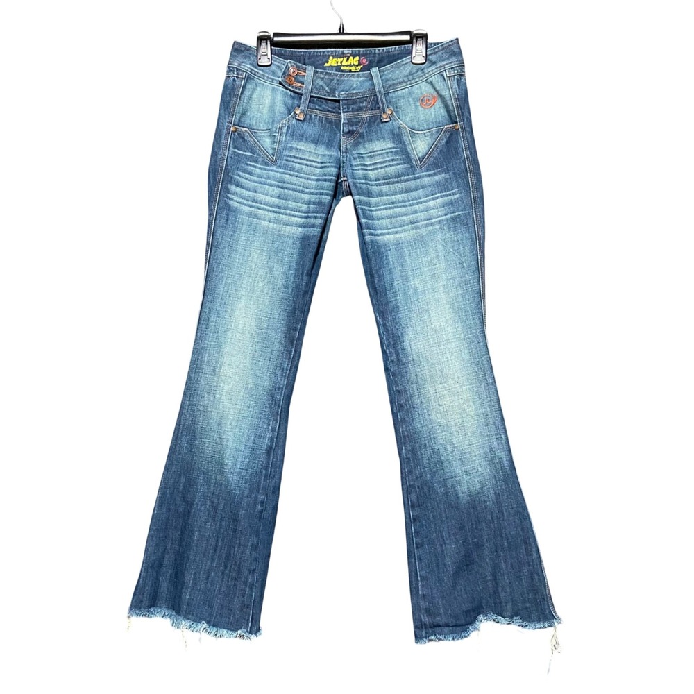 Vintage Jetlag Originality Blue Flare Leg Jeans 29x32 Low Rise Raw Hem Y2K Boho